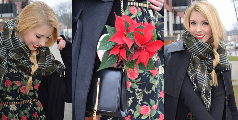 Titelbild_Blog-Belle-Melange_Fashion_Outfit_Weihnachtsstern_Blüten-Kleid-Mango_schwarz-Boots
